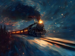 steam train at night, light trails, stars, nostalgic scene, romantic ambiance.