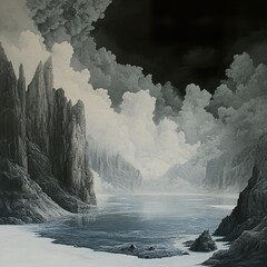 Monochrome Landscape: Dramatic Cliffs and Serene Sea