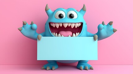 Cheerful Cartoon Monster Holding Blank Sign