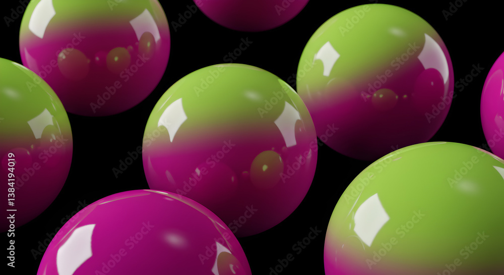 Poster gradient spheres in lime green and deep magenta contrast rendering