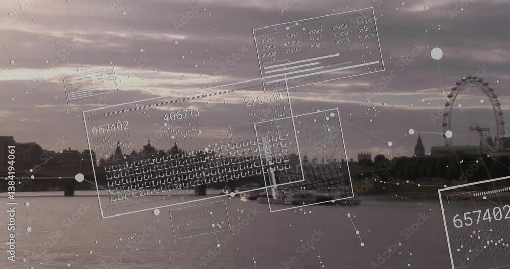 Poster digital data and coding animation over cityscape with river and ferris wheel