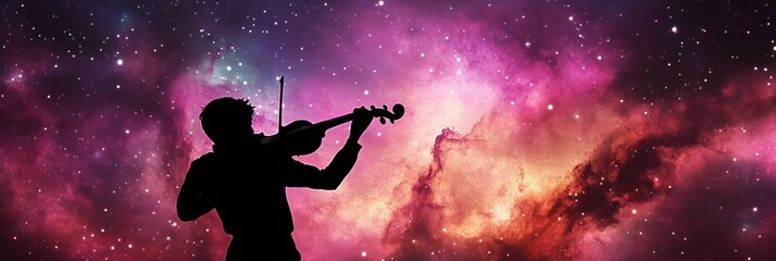 Silhouette of person playing violin against a colorful nebula space background.