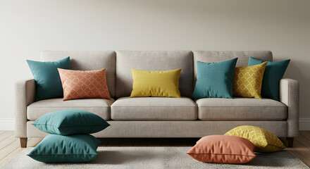 Neutral Toned Sectional Sofa Enhanced With Bold Graphic Throw Pillows Arrangement
