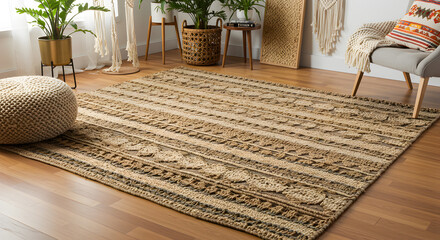 Basketweave Rug Layered Over Hardwood Floor in a Bohemian Style Interior