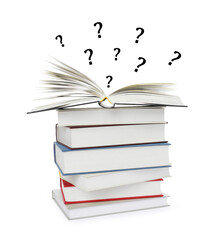 Question marks over stacked books on white background