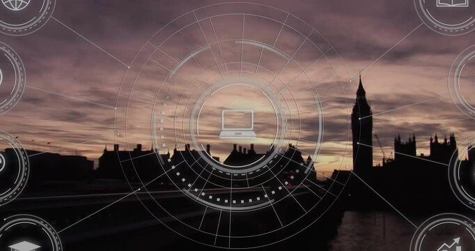 Digital interface animation over London skyline at sunset with Big Ben - Powered by Adobe