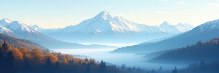 Snow Capped Mountains with Mist-Filled Valleys