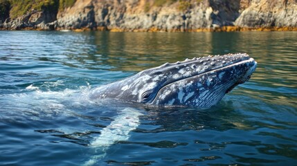 Fototapeta premium Gray whale surfacing in coastal waters.