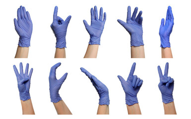 People wearing medical glove isolated on white, set