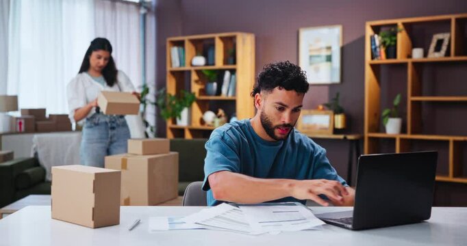 Stress, paperwork and ecommerce with couple in home for startup, invoice documents or mistake. Refund policy, anxiety and delivery delay with frustrated man, woman and dropshipping for small business