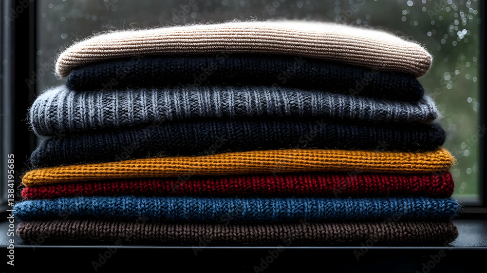 Poster stack of colorful knitted textiles in varied hues creating a cozy abstract composition with window b
