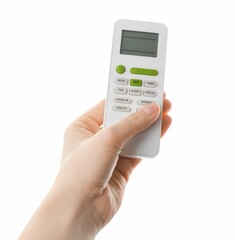 Woman with air conditioner remote control on white background, closeup