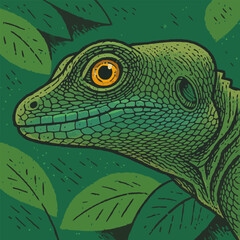 Green Lizard Profile Among Foliage Detailed Vector Illustration Graphic