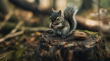 Obraz premium Squirrel eating nut on stump (1)