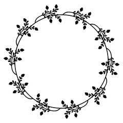 Round floral border or circular frame. Wreath of blooming branches. Vintage style. Black silhouette on white backgroun