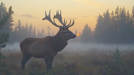 Majestic Stag at Sunrise: A Breathtaking Wildlife Scene in Misty Forest