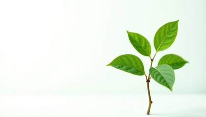 Obraz premium Single, delicate sapling, vibrant green leaves against pure white , background, spring, seedling