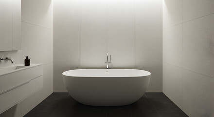 Fototapeta premium Minimalist Bathroom Interior Design Featuring Sculptural Tub and Linen Textured Walls