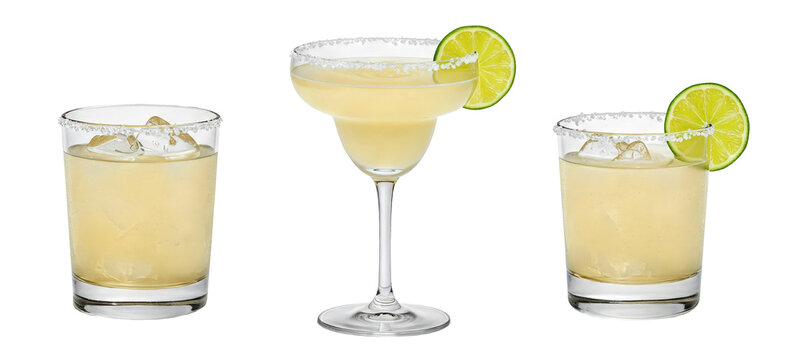 Set of exotic cold cocktail, Classic Margarita Martini, transparent PNG, set bundle isolated background. Bar menu cocktails, old fashion, coupe cup, simple glass. Colorful alcohol drink, lime garnish.