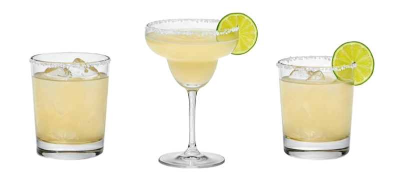 Set of exotic cold cocktail, Classic Margarita Martini, transparent PNG, set bundle isolated background. Bar menu cocktails, old fashion, coupe cup, simple glass. Colorful alcohol drink, lime garnish.