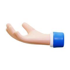 Donation hand gesture in 3D, cartoon style with blue cuff, suitable for charity organizations, fundraising campaigns, social awareness projects