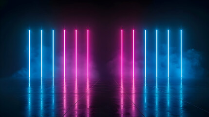 Neon Pink And Blue Light Columns On Wet Floor