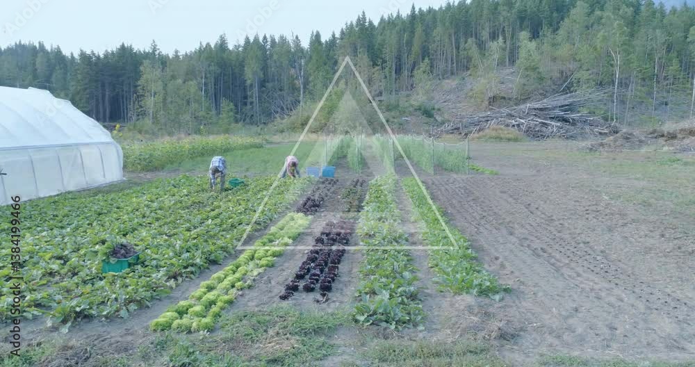 Poster farmers working in vegetable garden with circular data processing animation overlay