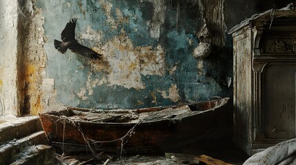 Decaying Boat in Abandoned Building: A Dark, Atmospheric Interior