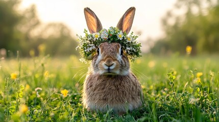Obraz premium A brown rabbit wearing a floral crown sits in green grass