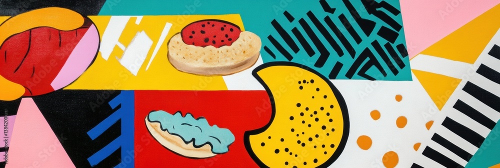 Leinwandbilder memphis-style pop-art background with colorful abstract food shapes and geometric elements
