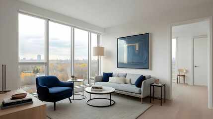 Fototapeta premium Modern Urban Apartment Living Room With City View