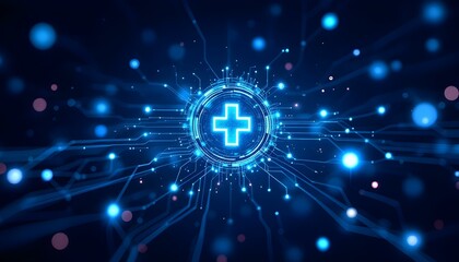 Digital healthcare network, glowing medical cross symbol