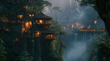 Fototapeta premium Enchanted Treehouse Resort: A Dream Vacation in Lush Jungle