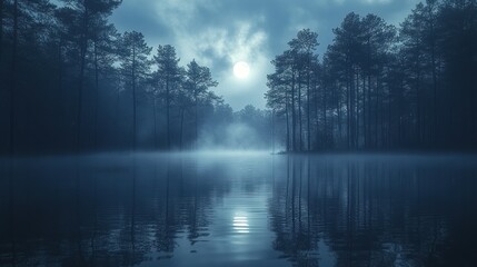 Fototapeta premium Moonlit Lake in a Misty Forest: A Serene Night Scene