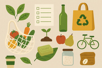 eco friendly lifestyle icons including vegetables recycling bag bicycle soap and reusable items in flat cartoon illustration
