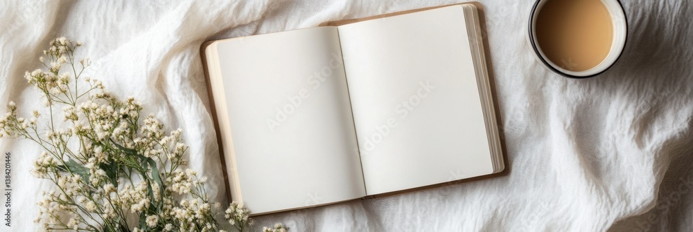 Leinwandbilder minimalist open book resting on soft fabric with delicate flowers and a warm drink softly illuminate