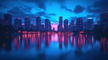 Obraz premium Neon city skyline reflected in tranquil lake at twilight