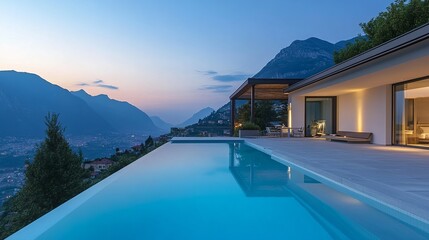 Fototapeta premium Luxury Modern Villa Infinity Pool Mountain View Evening Sunset Dramatic Skylines Stunning Architecture Design Home Real Estate Property Peaceful 