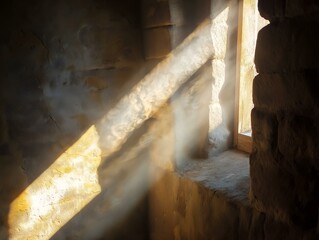 sunbeams in a derelict room, dusty atmosphere, warm light, architectural detail, moody ambiance.