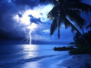 lightning over tropical island, vibrant colors, dramatic night scene