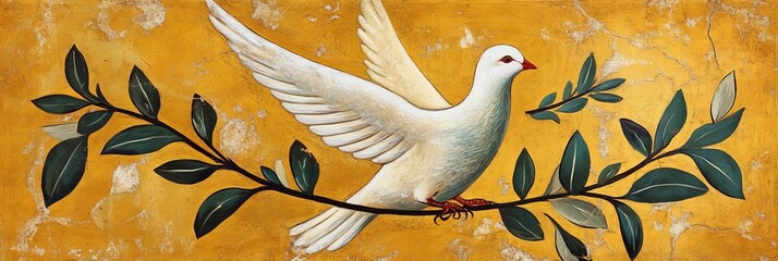 White dove with olive branch on yellow background representing peace and hope.