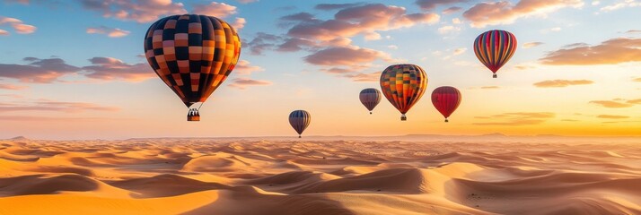 Fototapeta premium Colorful hot air balloons soar over golden desert dunes at sunrise, creating a breathtaking landscape