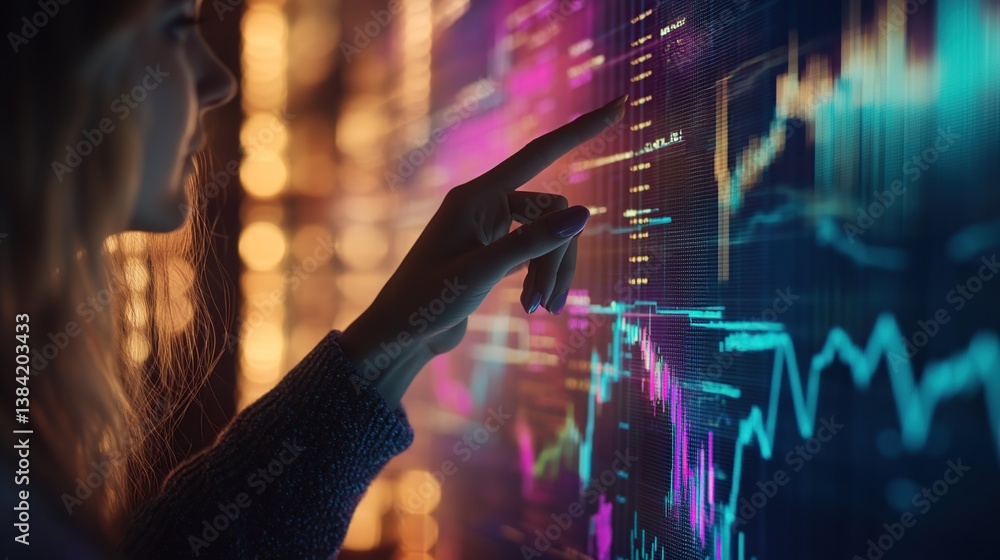 Poster stock market data displayed as a digital graph on a computer screen represents global finance and bu