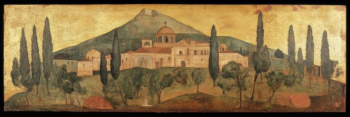 Painting of a building complex with trees and a mountain in the background.
