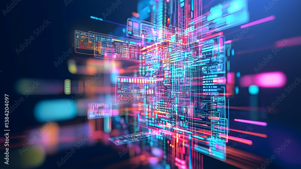 Aufkleber abstract digital network design with colorful lines and light effects