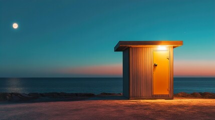 Solitary Seascape Cabin at Night: A Serene Coastal Scene