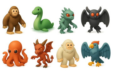 Naklejka premium Cryptid creatures collection. 3d icons featuring bigfoot, nessie, and more