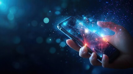 Hand holding a smartphone with glowing network overlay