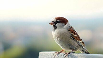 Close Up Sparrow Perched On Balcony With Cityscape Background