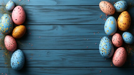 Colorful decorated easter eggs arranged on blue painted wooden surface